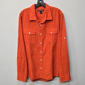 Michael Kors Shirt Men XL Linen Blend Button‎ Up Orange Utility Safari Camp Bold
